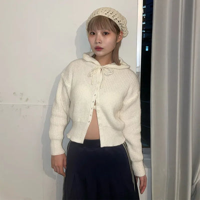 Cropped knit hoodie cardigan