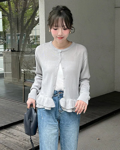 Frilled round neck cardigan
