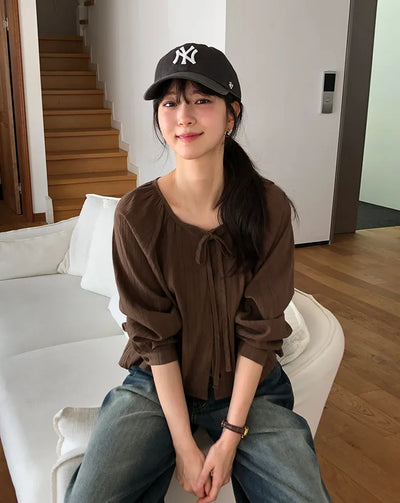 [3 colors] Ribbon puff sleeve blouse
