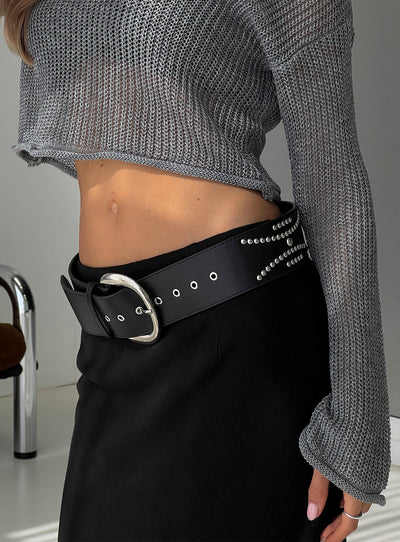 Jordynne Studded Faux Leather Belt Black  Silver
