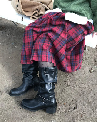 Buckle Shirring Mid-Calf Boots