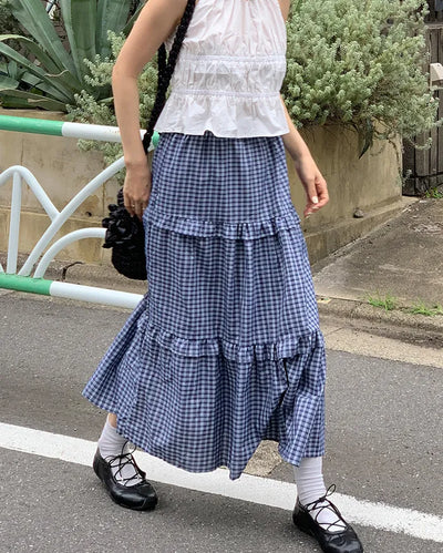 Checked tiered long skirt
