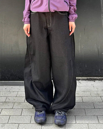 (Unisex) Color-block balloon denim pants