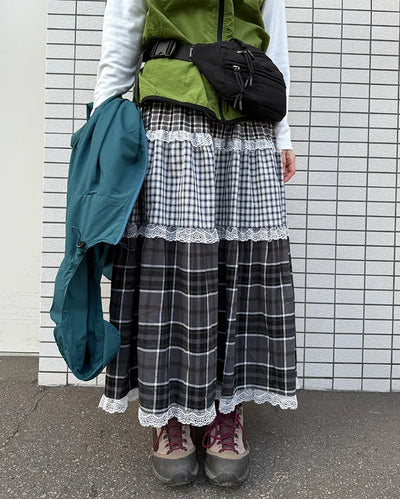 Check pattern lace detail long skirt