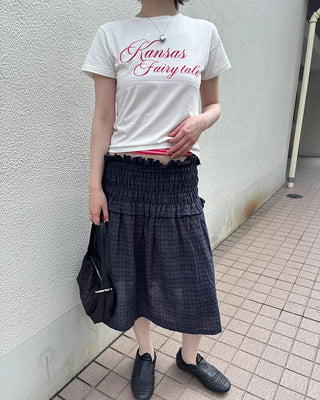 Waist-gathered check midi skirt