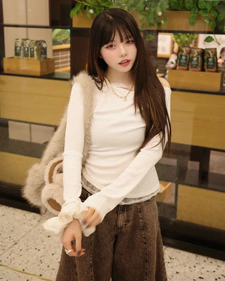 Lace-layered off-shoulder t-shirt