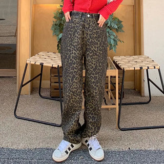 Leopard print denim pants