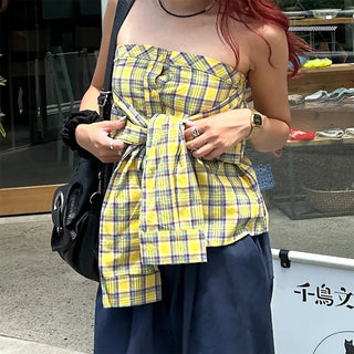 Checked Ribbon Shirt Tube Top