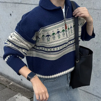 Patterned Half-Zip Knit Sweater