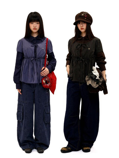 [Moromoro] Faux Two-piece Plaid Ruffled  Shirt
