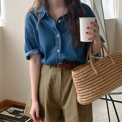 Denim short-sleeved shirt