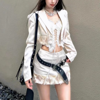 Long sleeve lace hem self tie satin 3 piece skirt set