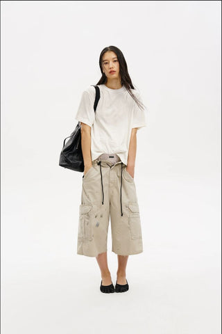 [MASONPRINCE] Distressed Cargo Capri Shorts