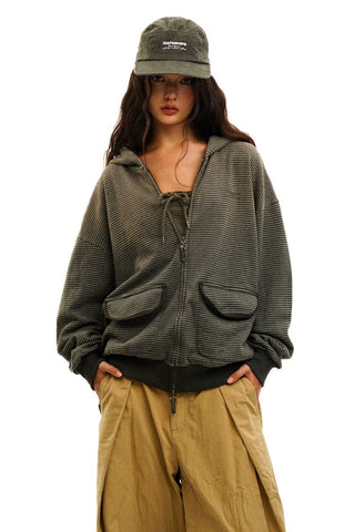 [Moromoro2] Contrast Striped Hooded Cardigan  Set