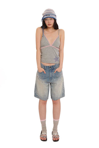 [Moromoro2] Rhinestone Bow Embroidered  Denim