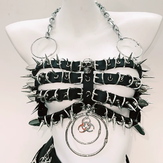 Halter hollow out o ring rivet applique mini skirt set