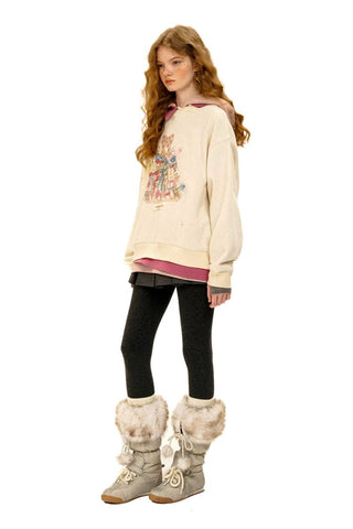 [Moromoro2] Bow Print Layered Hooded  Sweatshirt