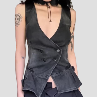 Denim v neck button sleeveless top