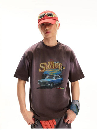 [Monterest] Washed Car Print Relaxed Fit Tee