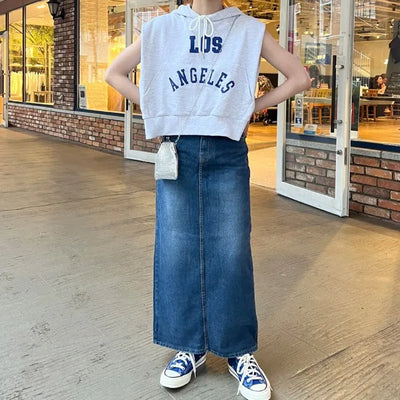 Washed denim long skirt