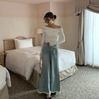 Shirred Asymmetrical Off-Shoulder Long T-Shirt