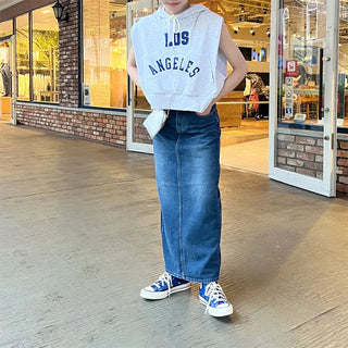 Washed denim long skirt