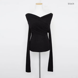 Shirred Asymmetrical Off-Shoulder Long T-Shirt