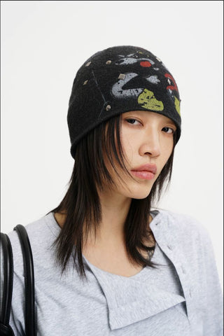 [MASONPRINCE] Studded Bear Print Knit Beanie