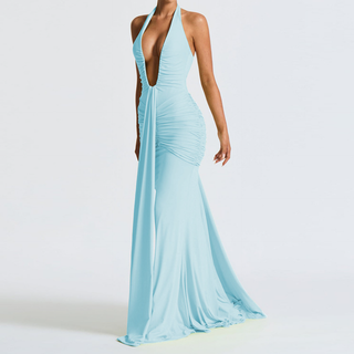 Deep v neck ruched backless maxi dress