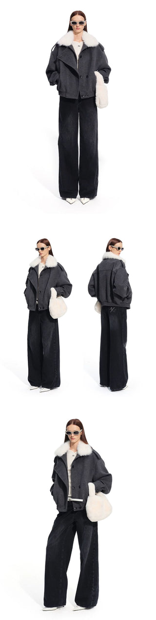 [NOTAWEAR] Faux Fur Collar Wool Blend Bomber  Jacket