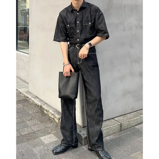 Stitched raw denim shirt