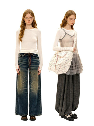 [Moromoro2] Lace Trim Slim Fit Long Sleeve Base  Tee