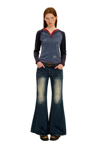 [Moromoro2] Contrast Stripe Rhinestone Long Sleeve  Tee