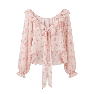 [NECY] Romance Floral Puff Chiffon Blouse