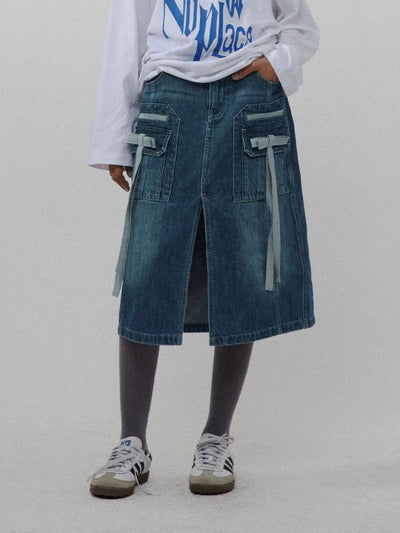 CONP Satin bow denim skirt (blue)
