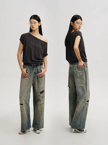 [MASONPRINCE] Repaired Washed Baggy Jeans