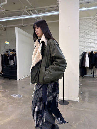 [NEVERSEEZ] Lapel Fleece Diagonal Zipper Jacket