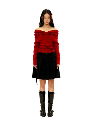 [Moromoro2] Ribbon Slit Pleated Skirt