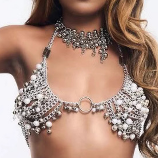 O ring beaded metal chain halter top