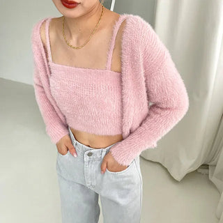 Fur Camisole Cardigan Set