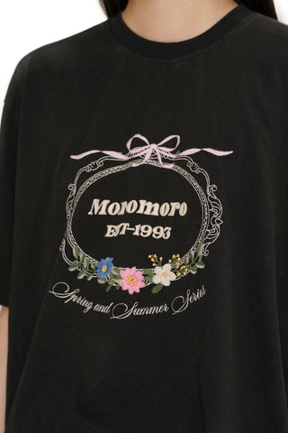 [Moromoro2] Bow Embroidery Flower Washed Cotton  Tee