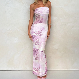 Flower print backless mesh tube maxi dress