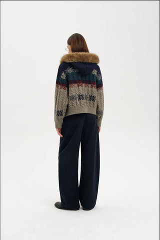 [MASONPRINCE] Fair Isle Fur Hood Wool Blend Cardigan