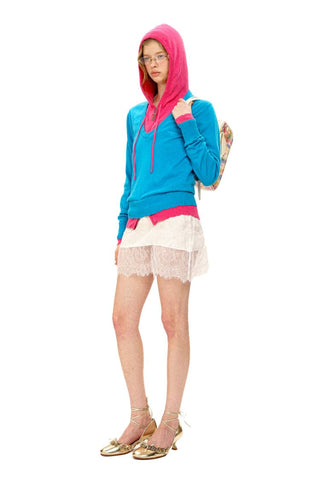[Moromoro2] Patchwork Distressed Layered Hooded  Sweater