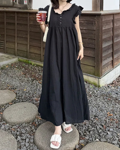 Frilled V-neck long dress