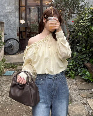 Shirred off-shoulder blouse with frill detail