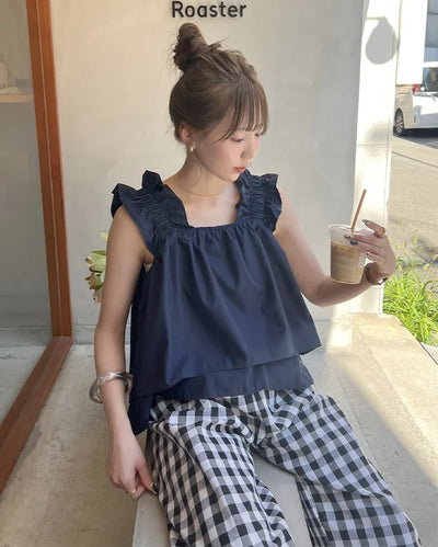 Shirred strap square neck blouse