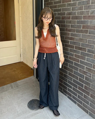 Striped wide banding pants