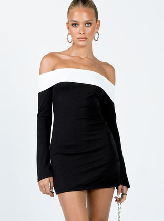 Anya Long Sleeve Off Shoulder Mini Dress Black  White