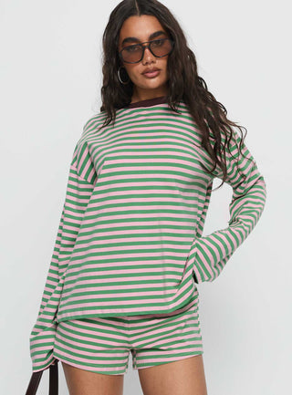 Settle Down Long Sleeve Top Green  Pink Stripe